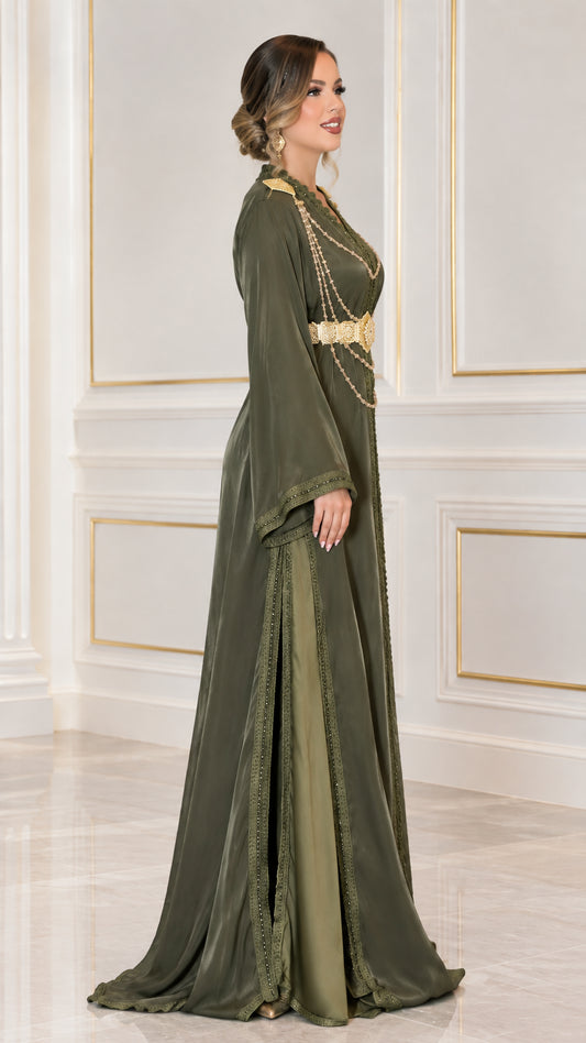 Side angle view of Olive Green embellished caftan gown showing slit layer