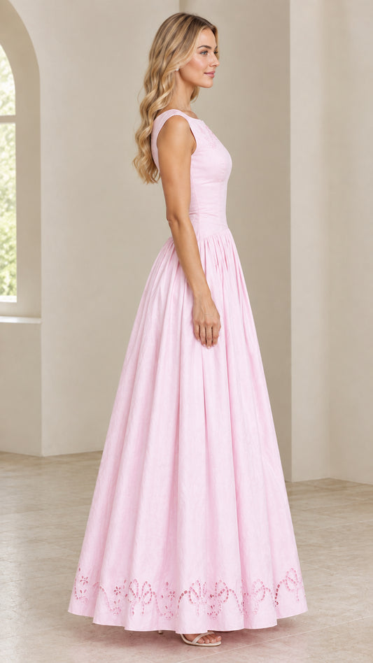 Side profile view of Light Pink A-line maxi gown