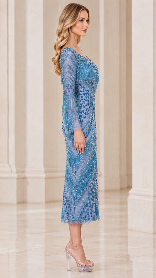 Side view of Dusty Blue beaded fringe cocktail midi dress showing column fit