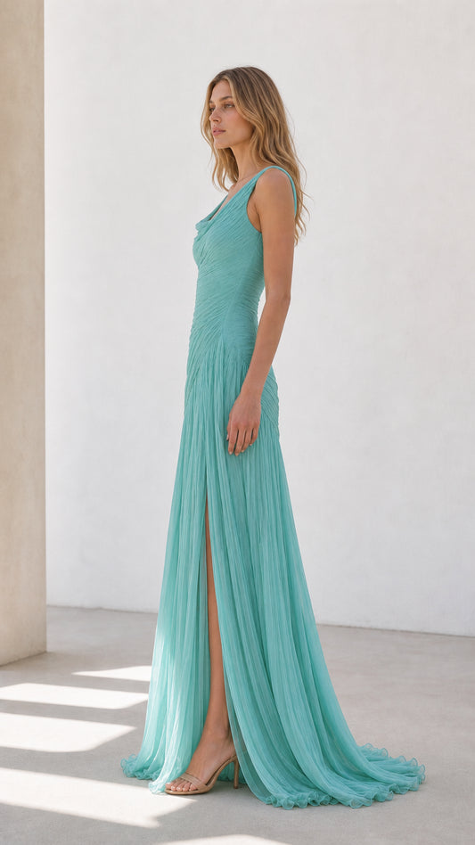 Side profile of aqua blue pleated evening dress showing draped silhouette