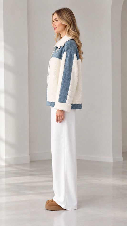 Side profile view of woman wearing blue denim and cream sherpa fleece jacket with white trousers