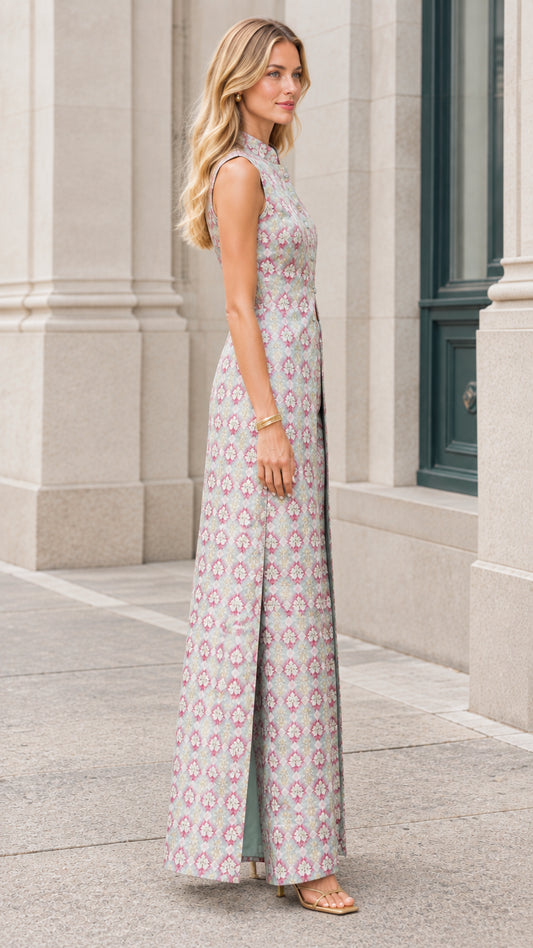 Side profile view of Sage Green mandarin collar jacquard jumpsuit showcasing longline silhouette