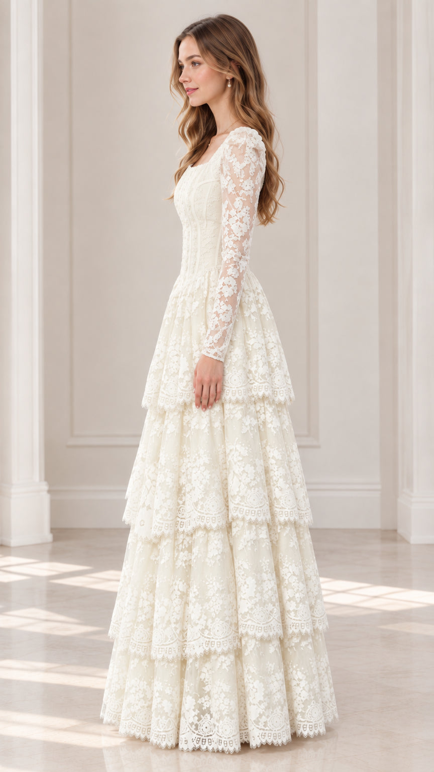 Side profile view of model wearing ivory long sleeve tiered lace maxi dress