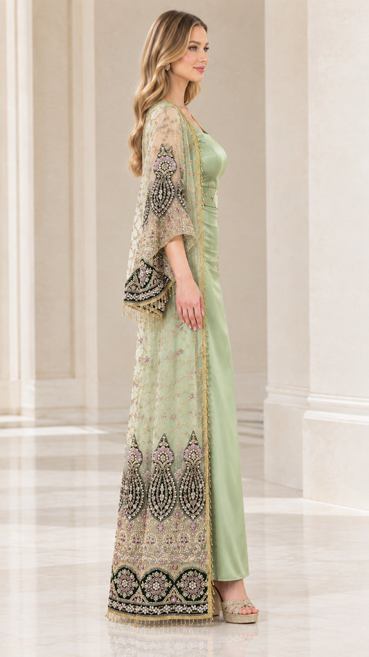 Side profile of sage green two-piece formal gown set showcasing bell sleeves and embroidery