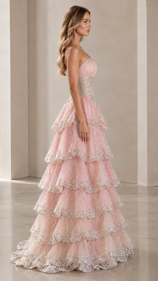Side profile of Blush Pink tiered formal evening dress