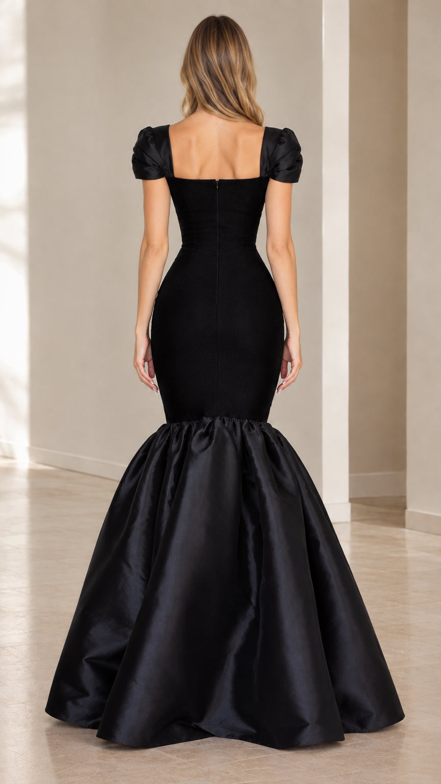Back view of black square back formal trumpet maxi dress