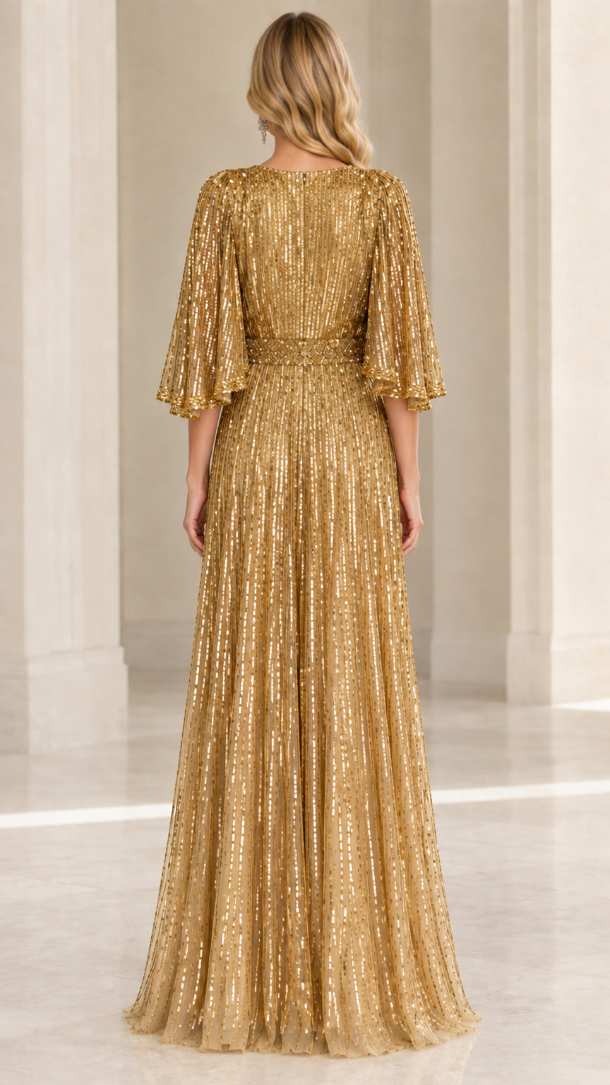 Back view of gold sequin evening dress with flowing A-line skirt