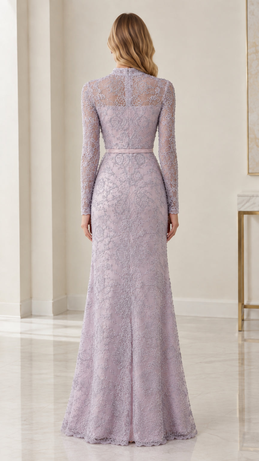 Back view of woman wearing lavender lace evening gown showing seamless zip closure