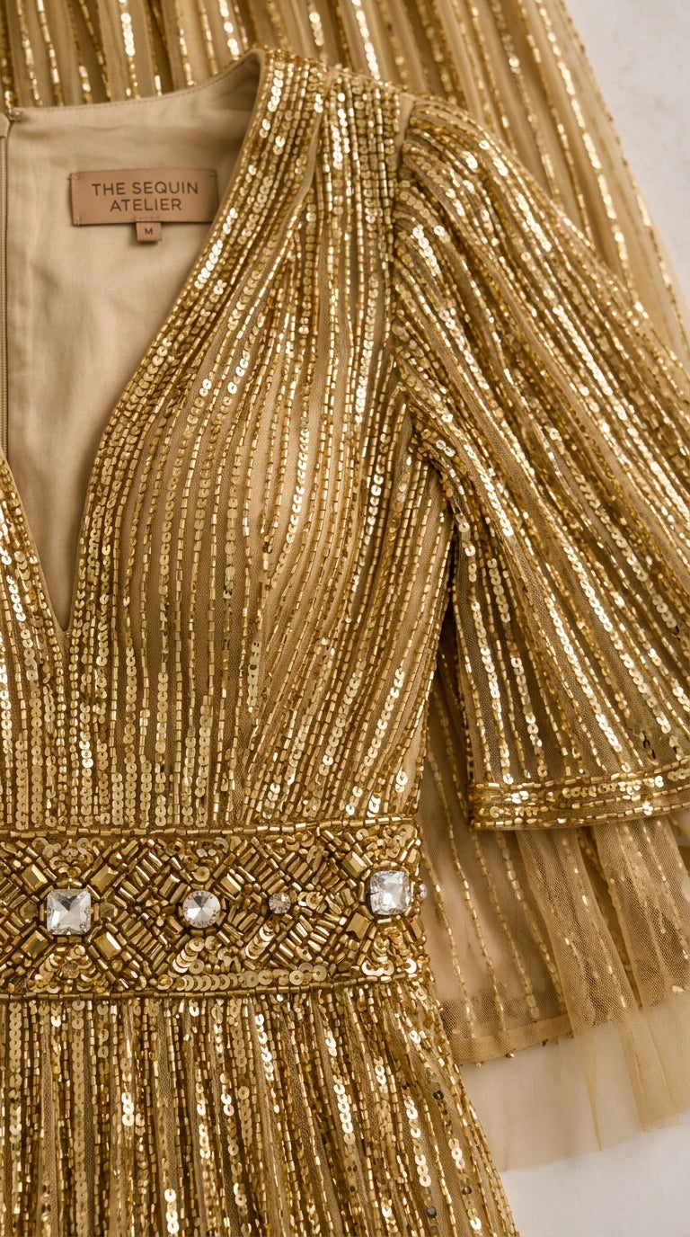 Close-up detail of V-neckline and embellished waistband on gold sequin gown