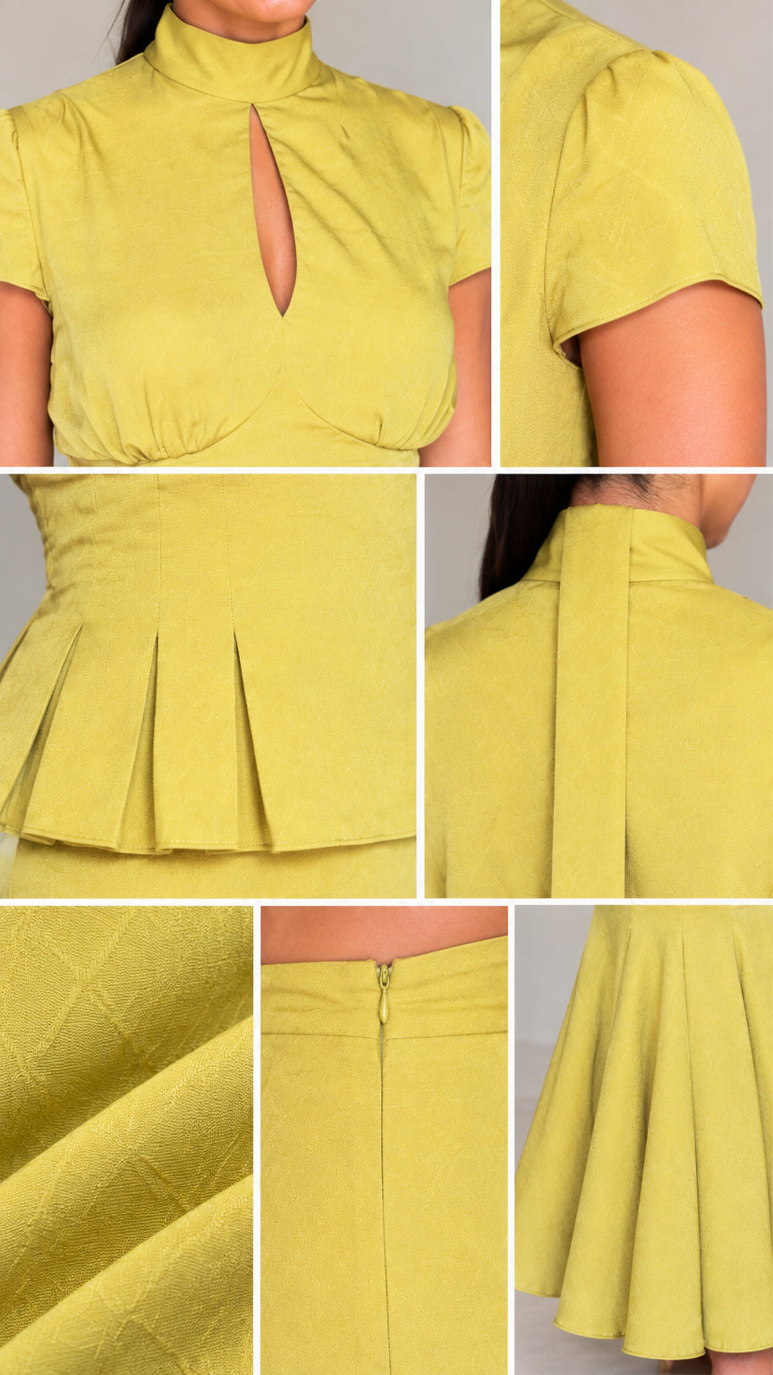Close-up details of keyhole neckline, pleated peplum hem, fabric texture, and concealed zipper
