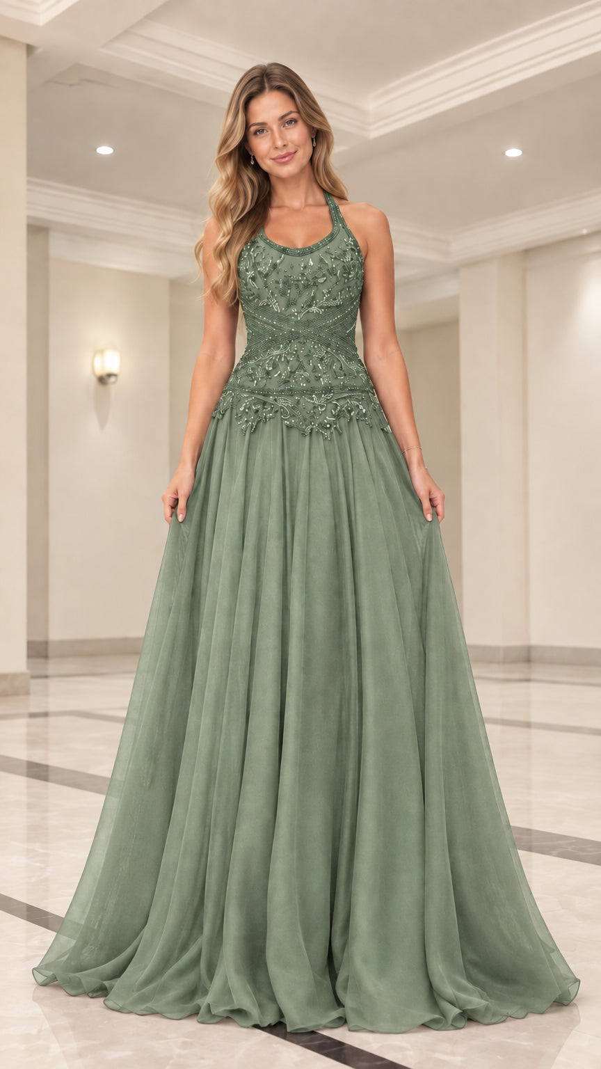 Full front view of model wearing sage green beaded halter neck A-line formal dress
