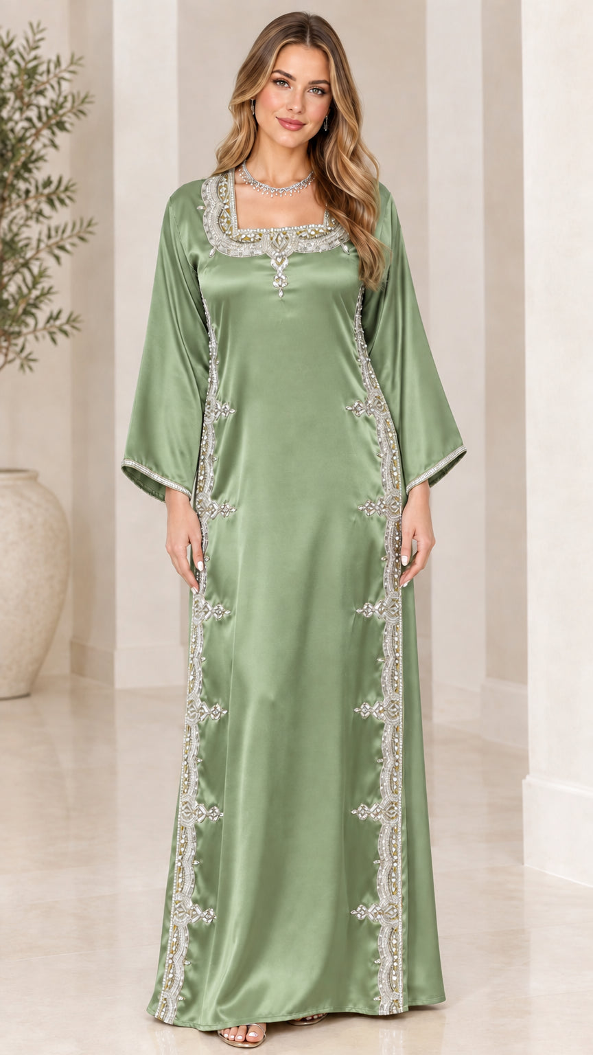 Sage green satin maxi kaftan dress with shimmering rhinestone trim