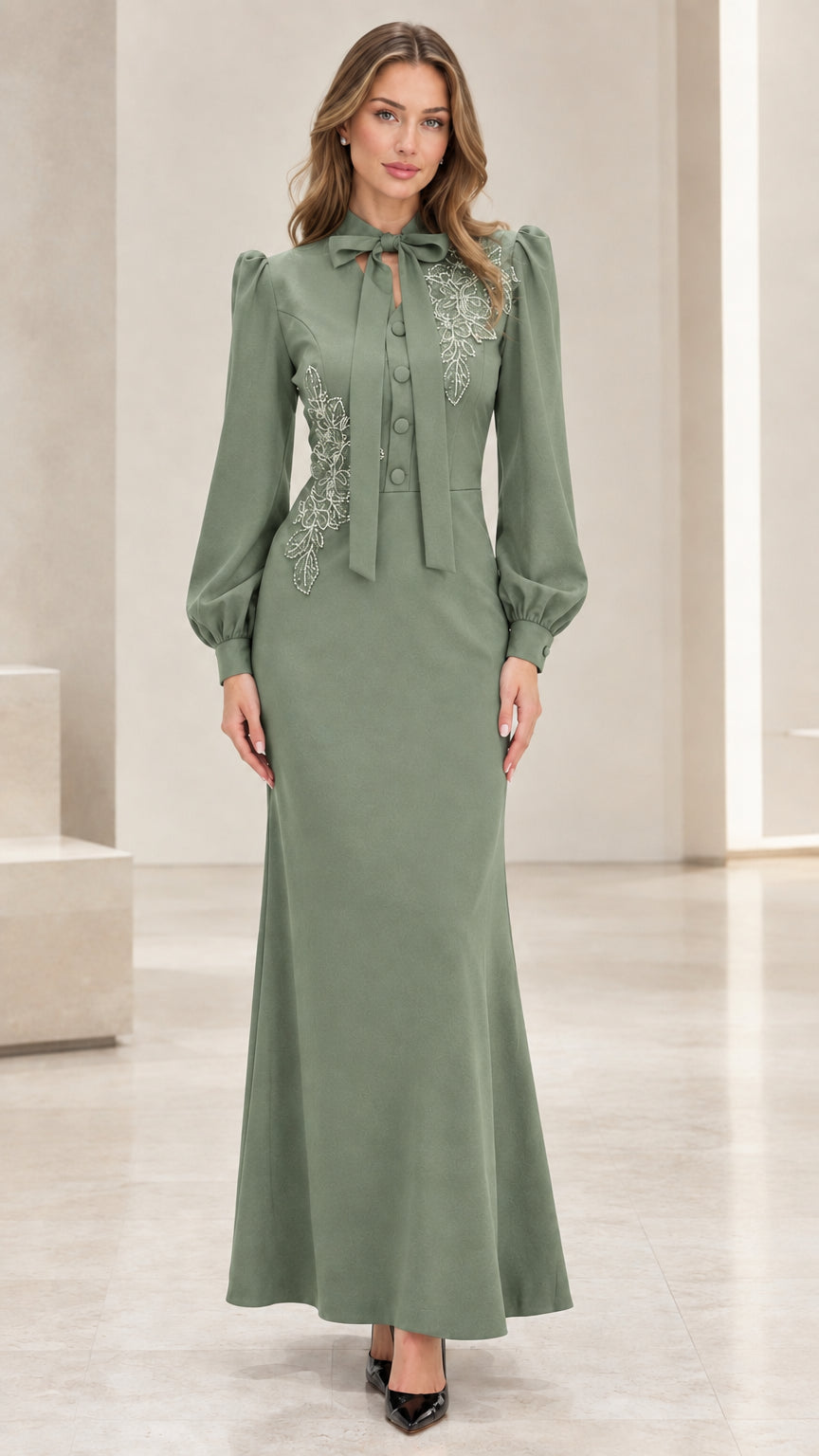 Sage green long sleeve embroidered bow neck maxi dress