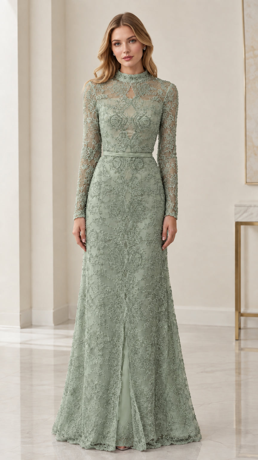 Front view of sage green mock neck long sleeve lace formal gown