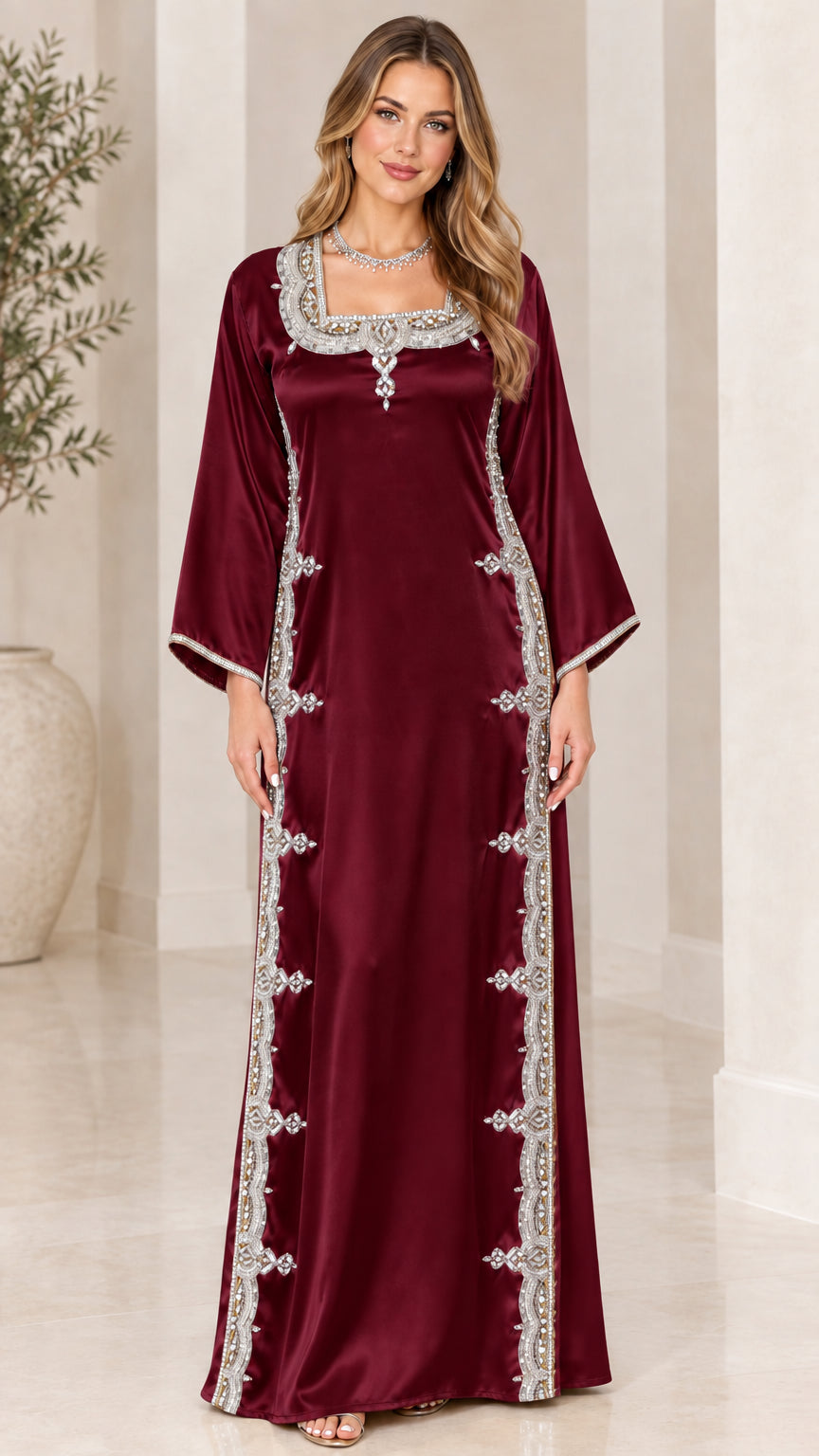 Burgundy satin maxi kaftan dress with silver beadwork and square neck