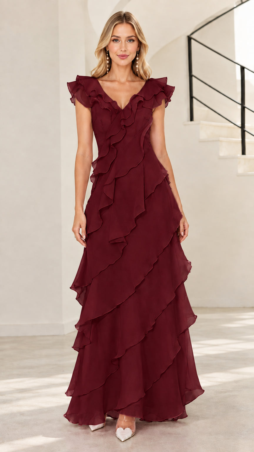 Front view of burgundy wine red tiered ruffle V-neck formal gown