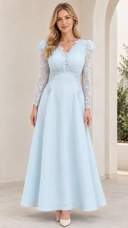 Light Blue lace long sleeve V-neck evening maxi dress front view