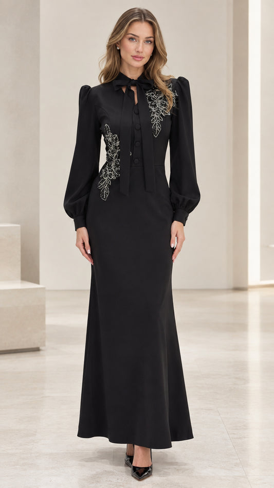 Full front view of black bow neck embroidered long sleeve maxi dress