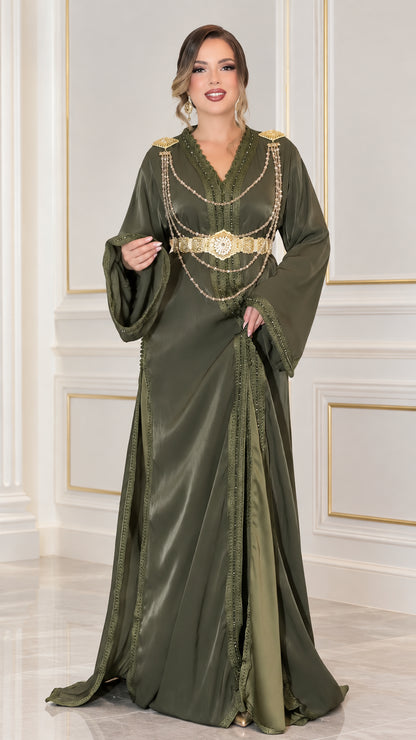 Full front view of Olive Green satin Moroccan kaftan dress with gold chain belt