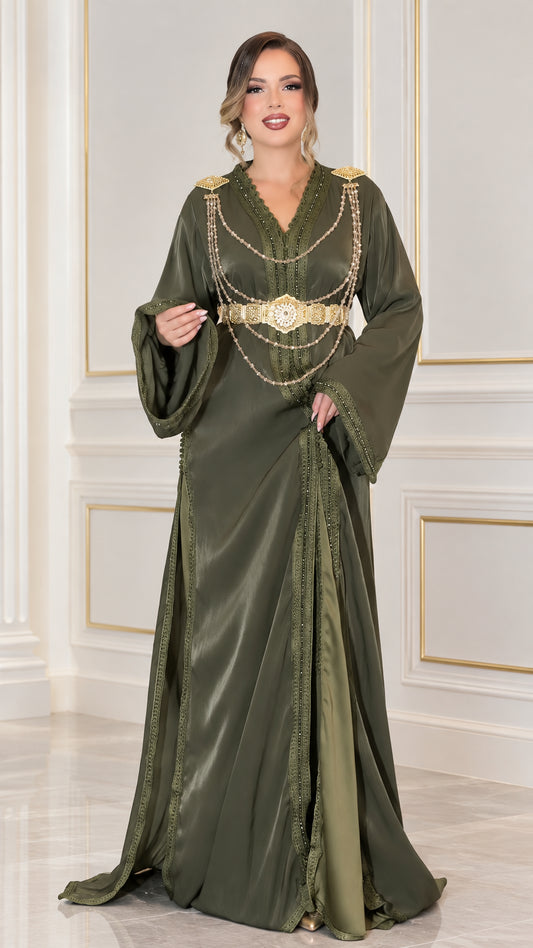 Full front view of Olive Green satin Moroccan kaftan dress with gold chain belt