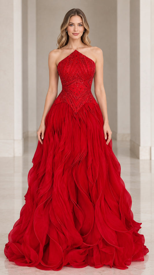 Front view of woman wearing Red Beaded Halter Tiered Ruffle Ball Gown