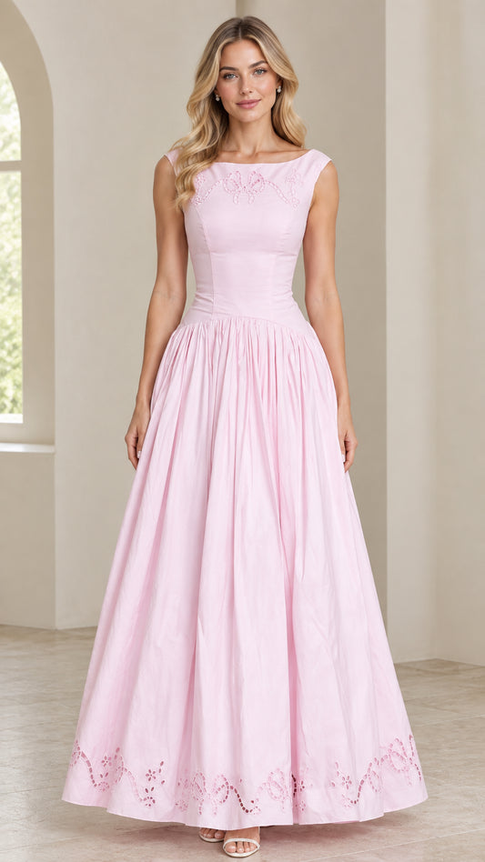 Front view of model wearing Light Pink sleeveless embroidered maxi dress