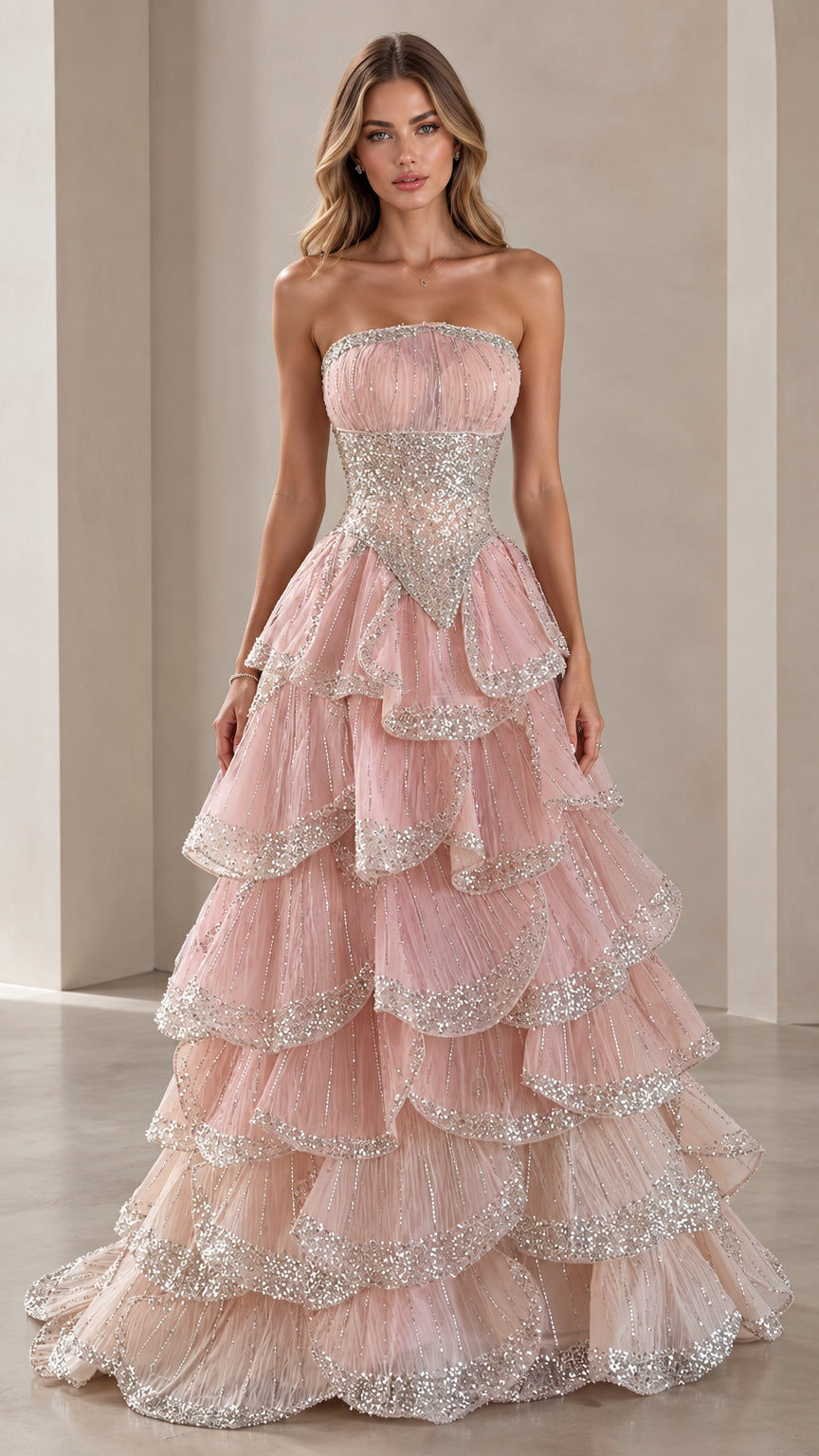 Front view of model wearing Blush Pink strapless sequin tiered ball gown