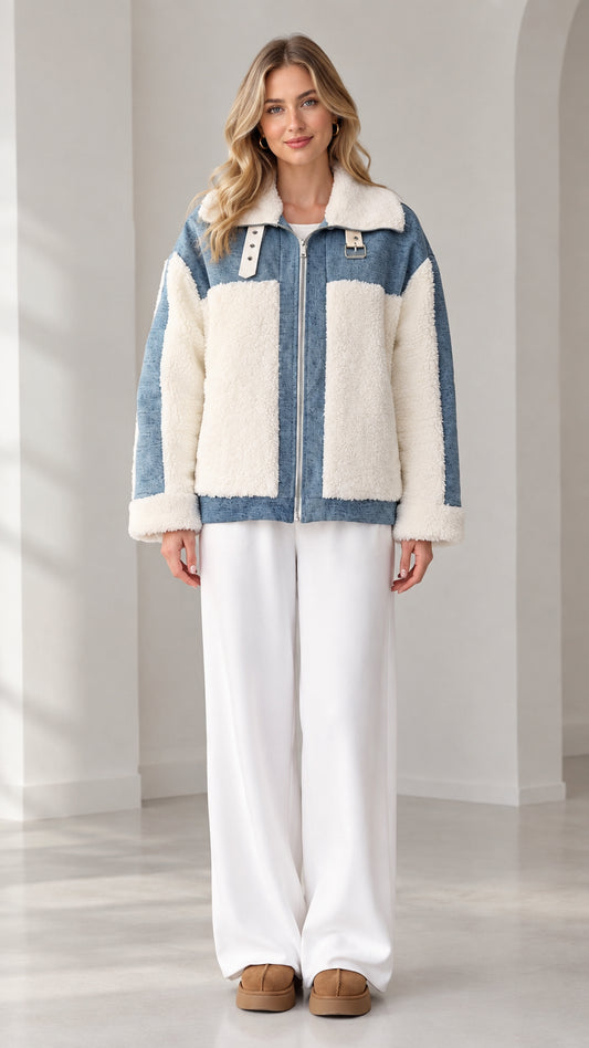 Front view of woman wearing blue denim and cream colorblock sherpa fleece zip jacket