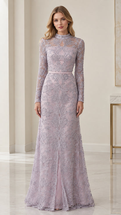 Front view of woman wearing lavender mock neck long sleeve floral lace evening gown