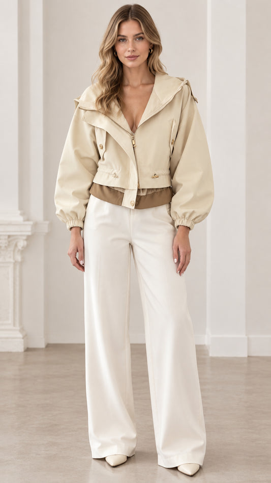 Front view of woman wearing beige cropped hooded utility jacket with white wide-leg trousers