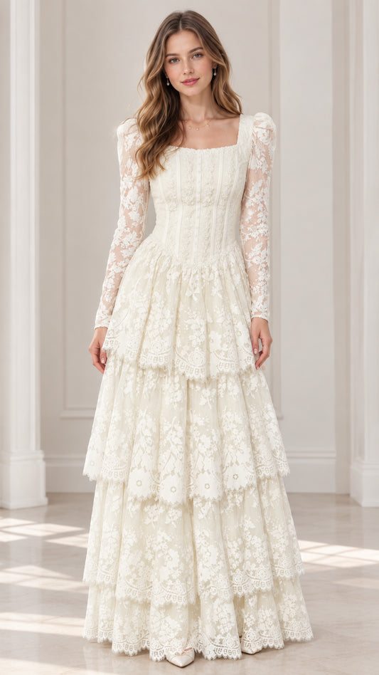 Front view of model wearing ivory long sleeve tiered lace maxi dress