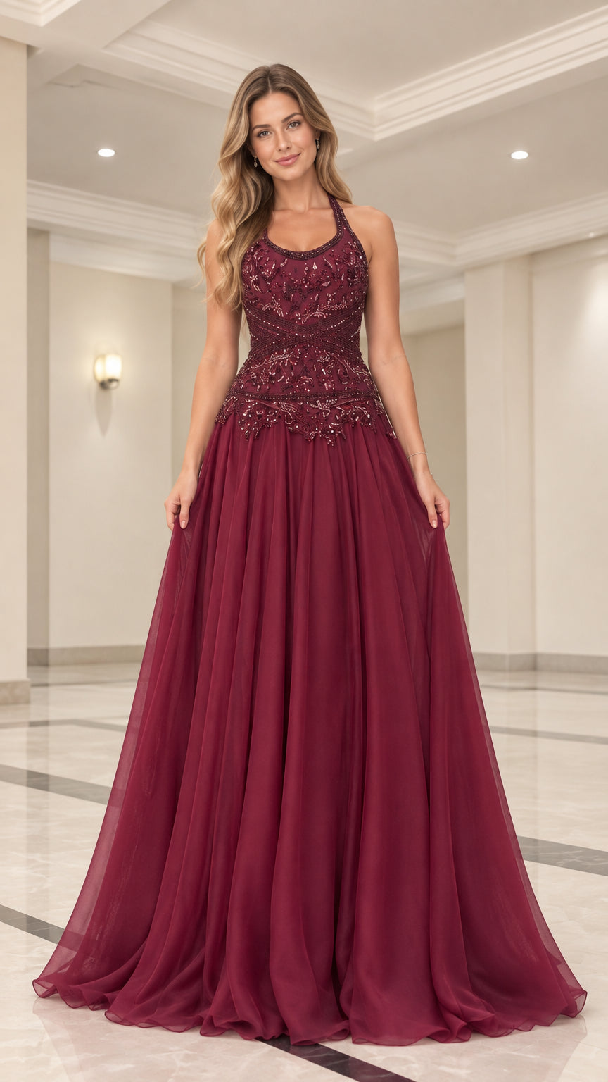 Full front view of model wearing burgundy beaded halter neck A-line evening gown