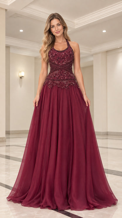 Full front view of model wearing burgundy beaded halter neck A-line evening gown