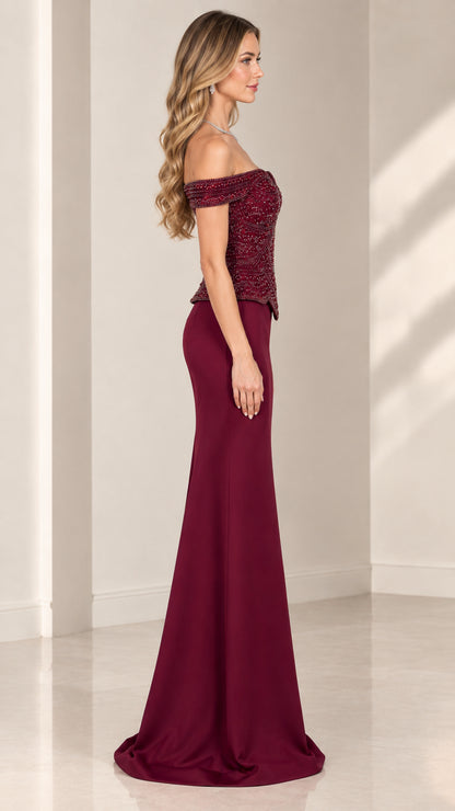 Side profile view of burgundy off-the-shoulder beaded formal gown