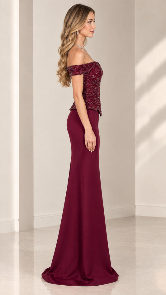 Side profile view of burgundy off-the-shoulder beaded formal gown
