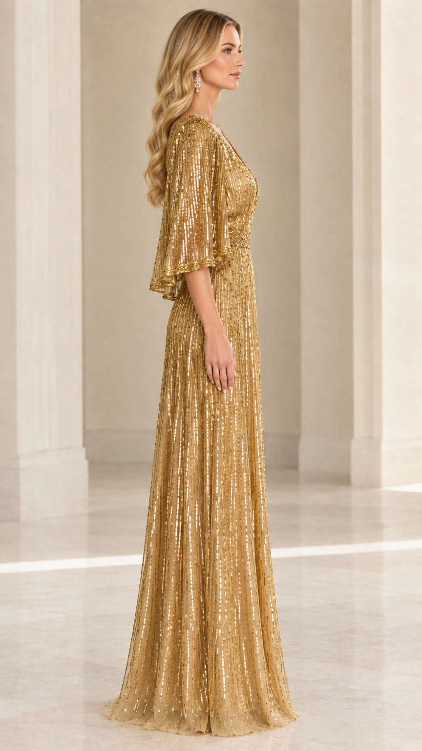 Gold sequin formal maxi dress side view showing flutter sleeves