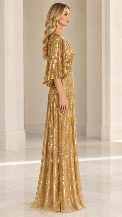 Gold sequin formal maxi dress side view showing flutter sleeves