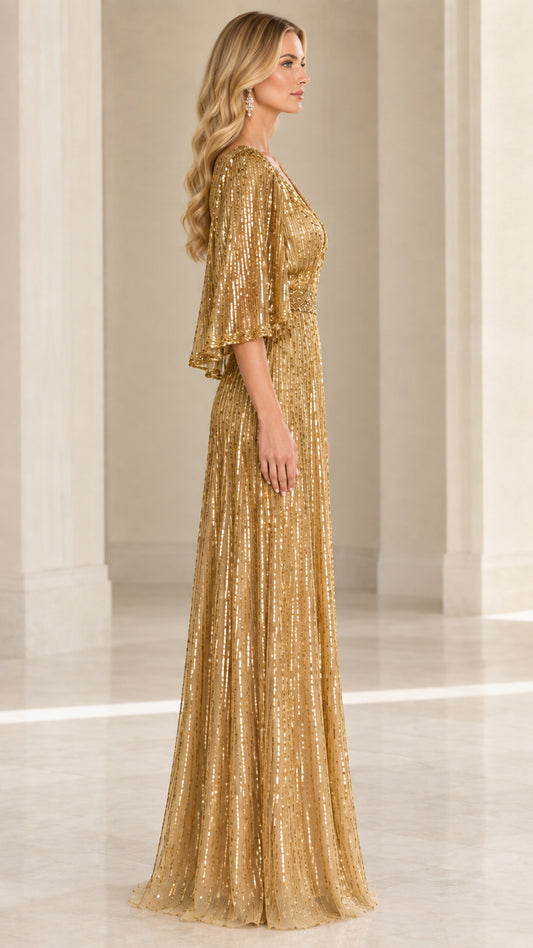 Gold sequin formal maxi dress side view showing flutter sleeves