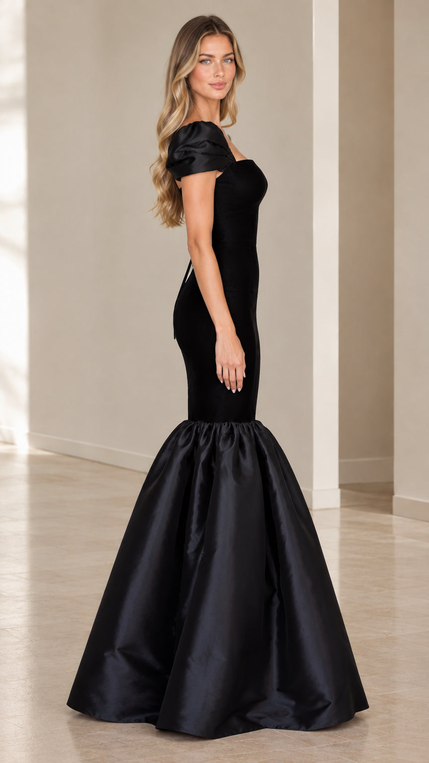 Side profile of woman wearing black fitted mermaid gown with flared hem