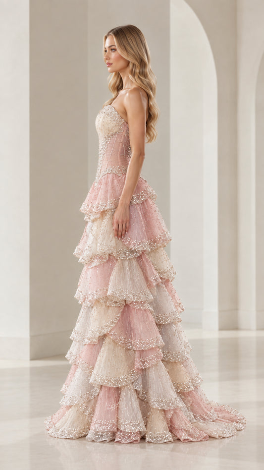 Side profile view of Blush Pink Multi strapless tiered ruffle evening gown