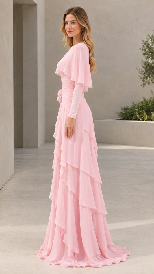 Side profile of woman in Light Pink floor-length capelet evening gown