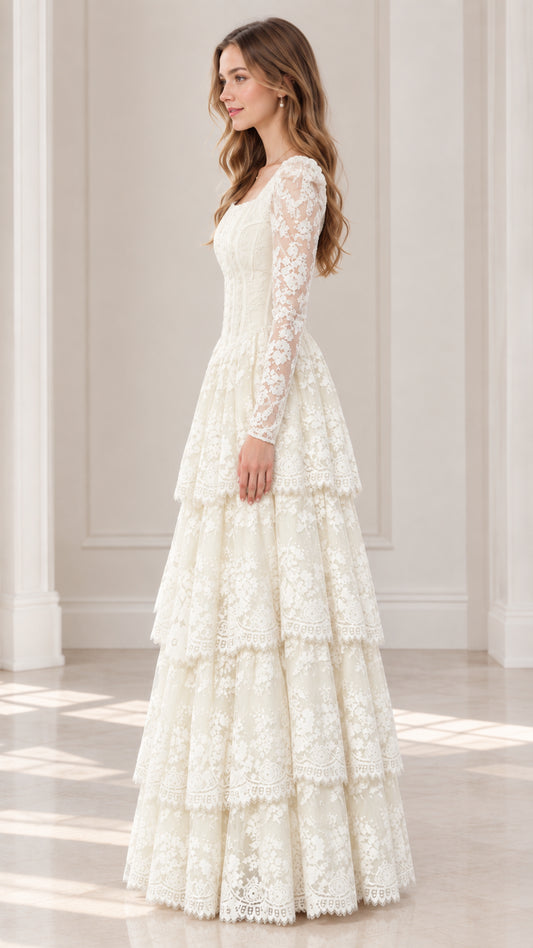 Side profile view of model wearing ivory long sleeve tiered lace maxi dress