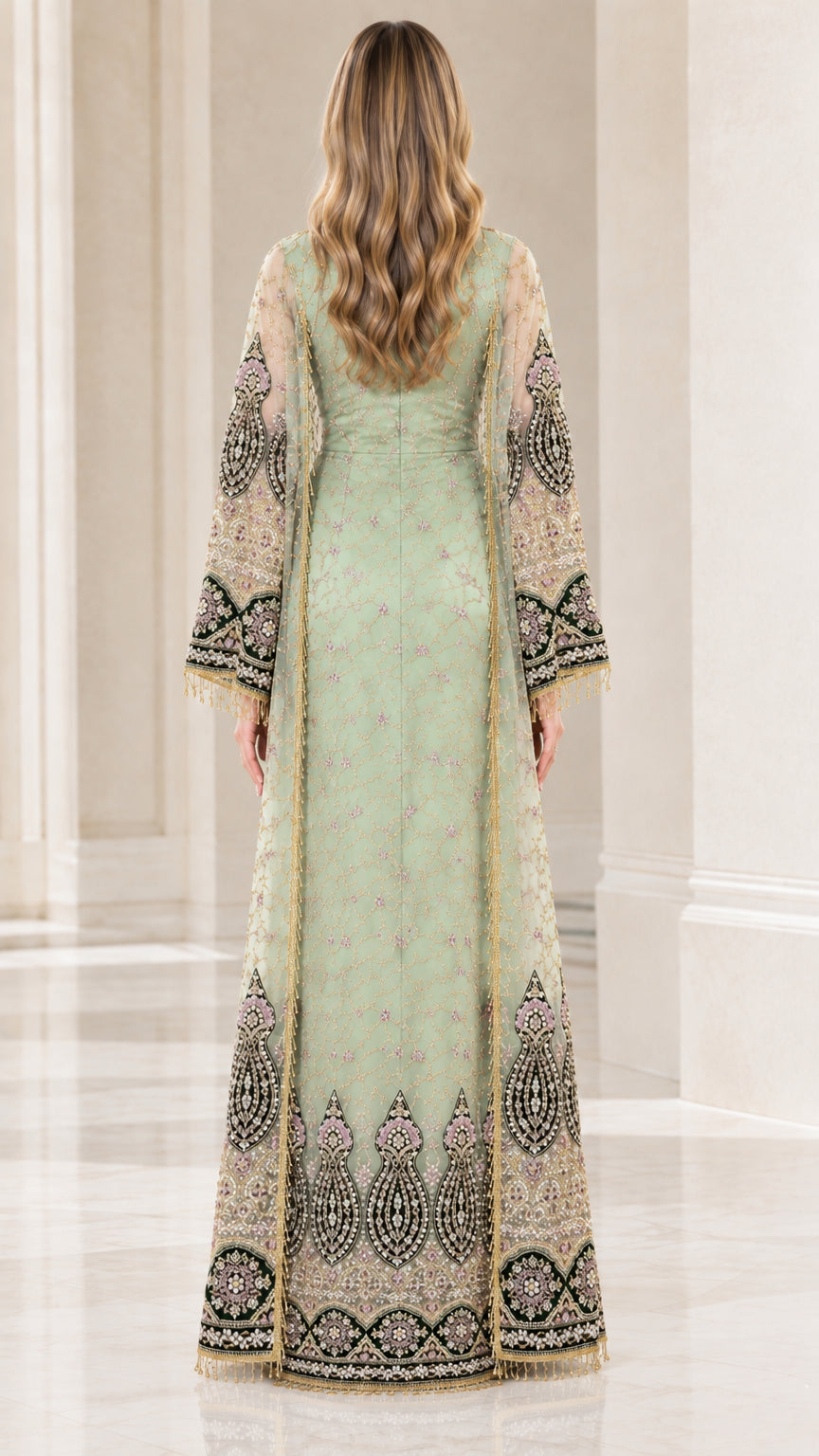Back view of sage green longline sheer embroidered duster over maxi dress