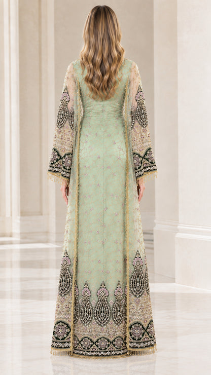Back view of sage green longline sheer embroidered duster over maxi dress