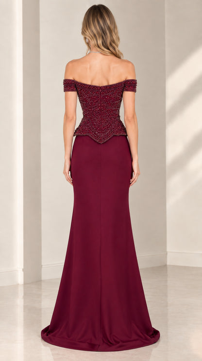 Back view of model in burgundy off-the-shoulder formal gown
