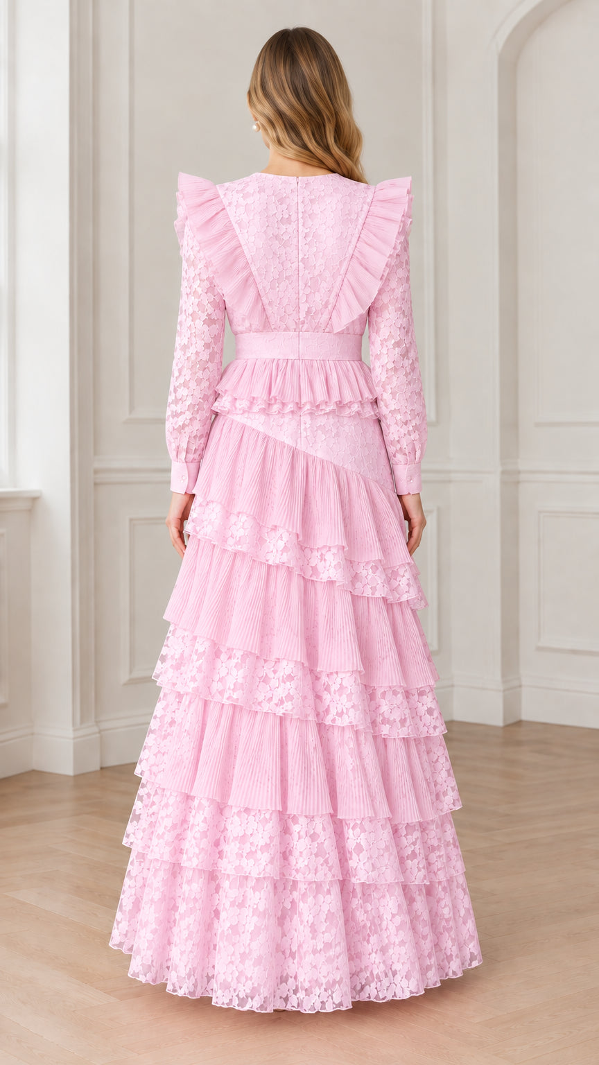 Back view of elegant pastel pink long sleeve lace maxi dress