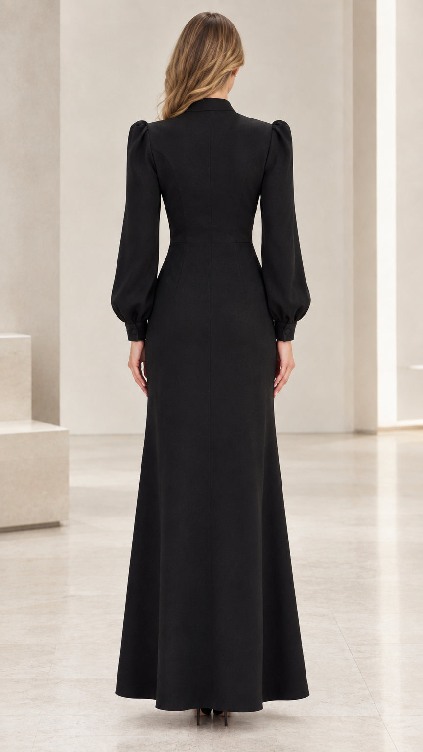 Back view of black long sleeve formal maxi dress