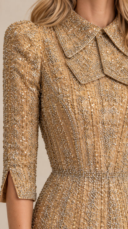 Close-up detail of beaded collar and sleeve craftsmanship on gold mini dress