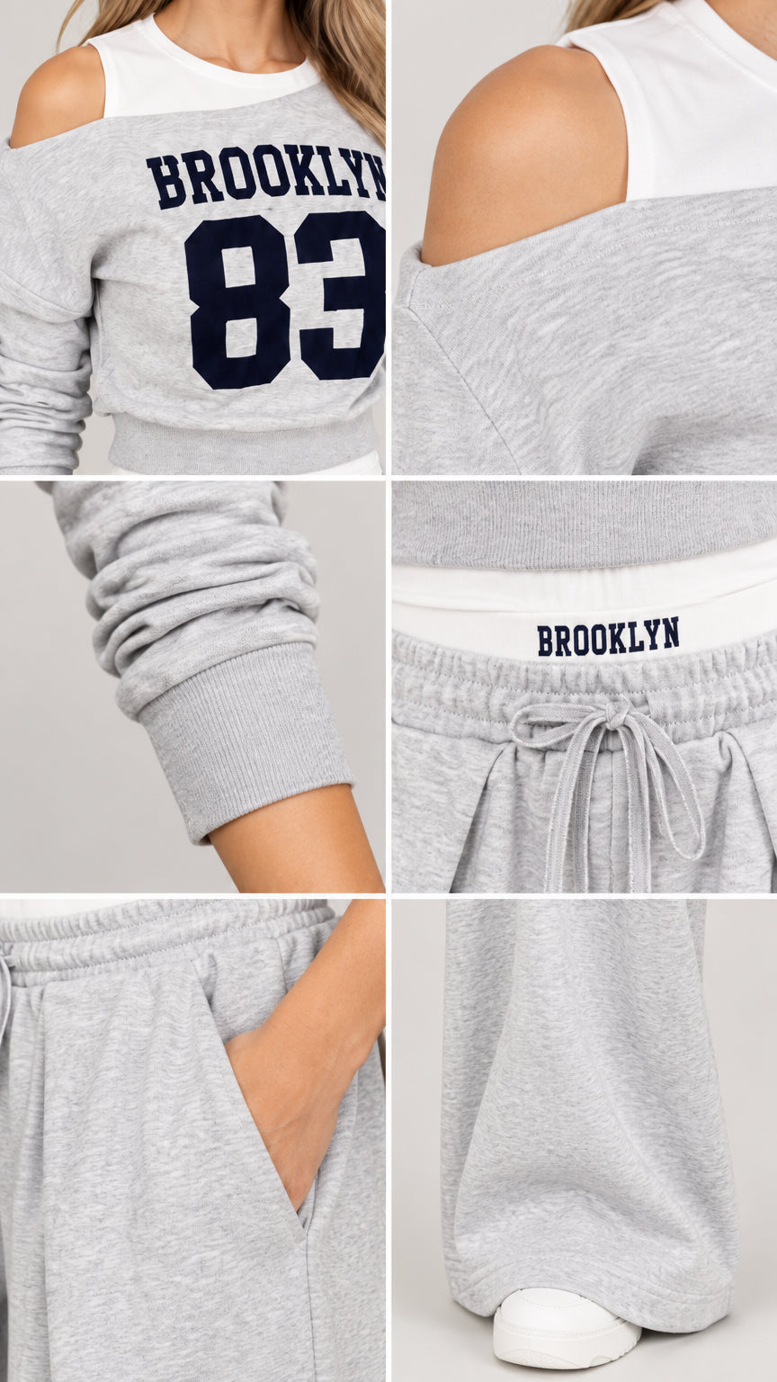 Detailed close-up collage of neckline, Brooklyn graphic, ribbed cuffs, drawstring waist, and pockets in Heather Grey