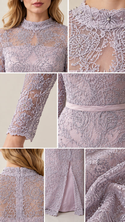 Close-up details of neckline lace, sheer sleeves, waistline, and front skirt slit